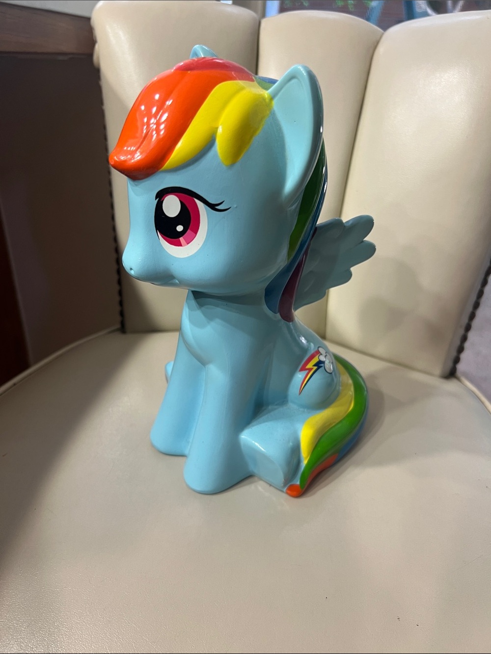My Little Pony Light Blue Rainbow Mane Figurine with piggy bank.